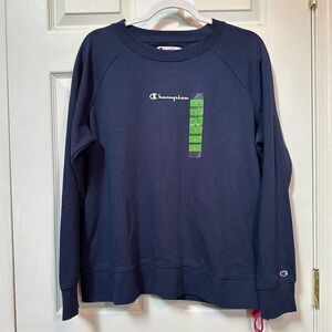 Champion Women's Crewneck Sweatshirt L Navy Blue with Pink Side Tie